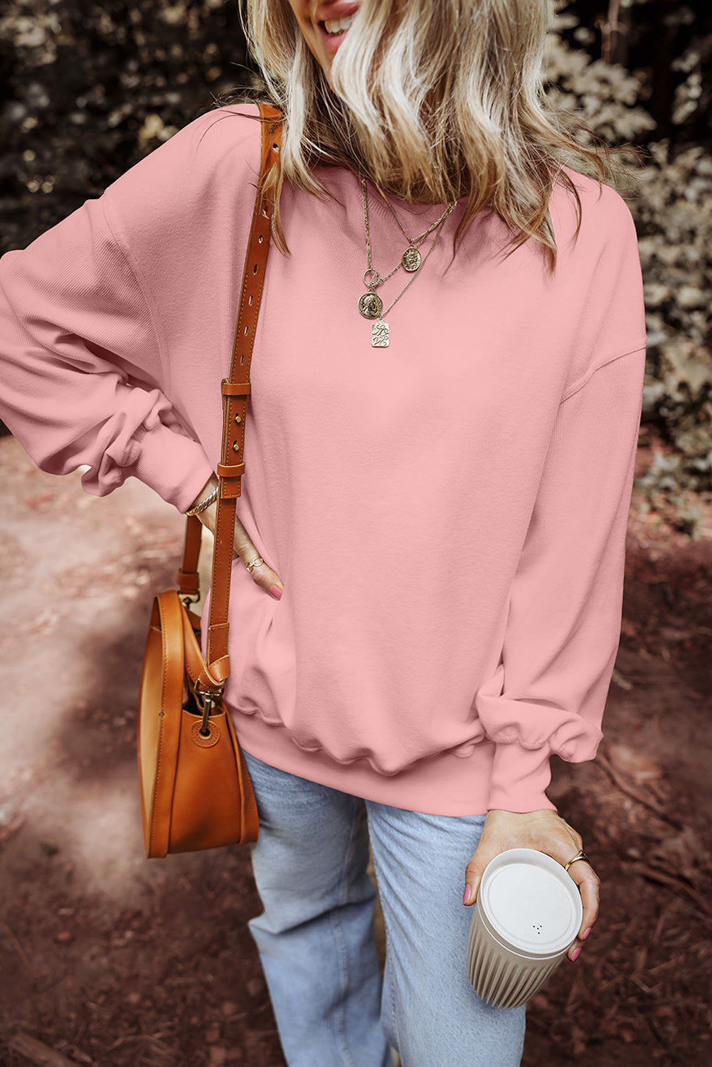 Pink Loose Drop Shoulder Ribbed Sweatshirt