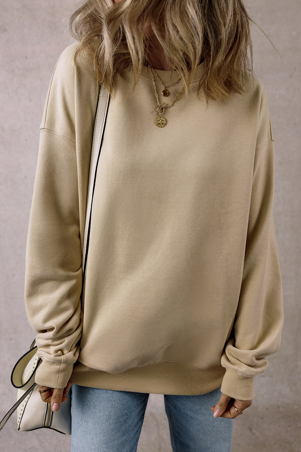 Parchment Solid Fleece Lined Crew Neck Casual Sweatshirt