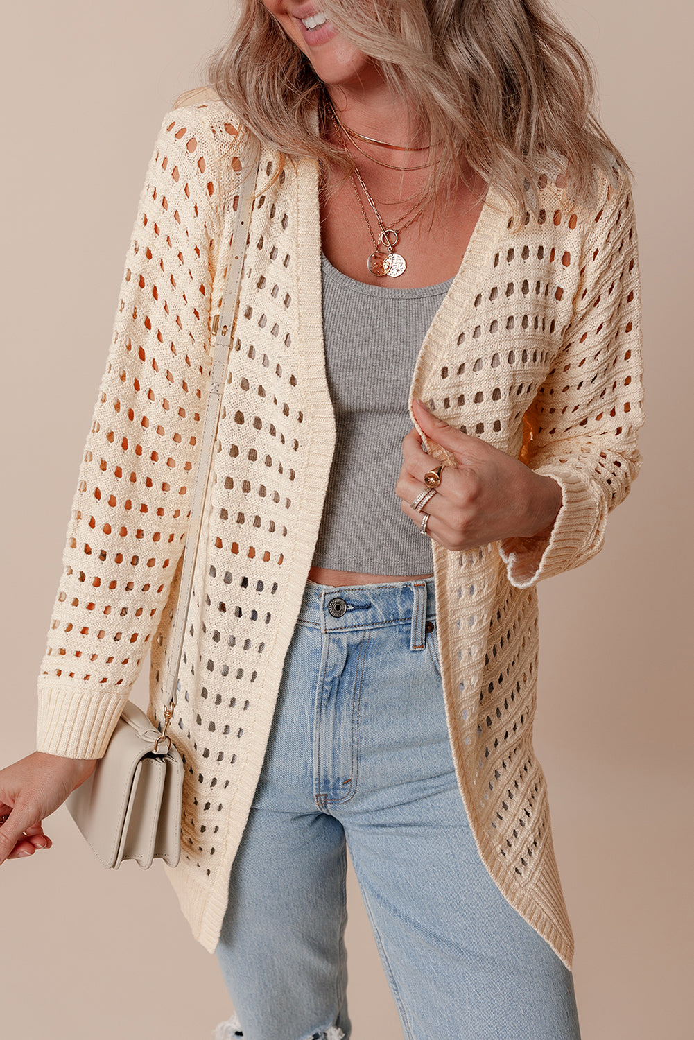 Apricot Solid Color Open Knit Textured Cardigan