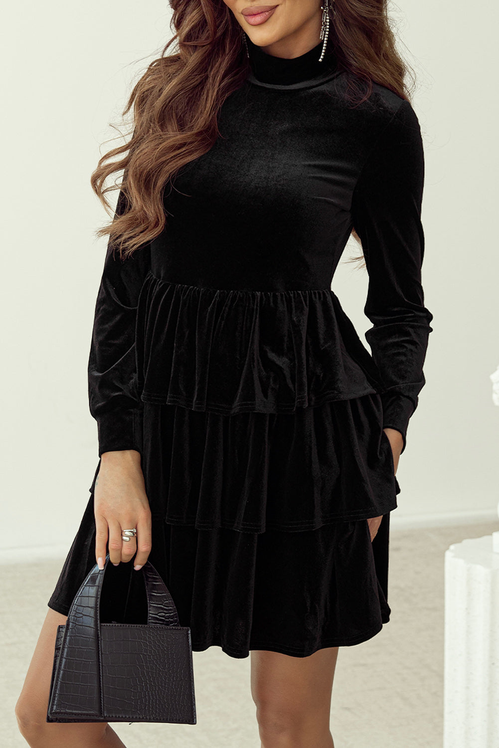 Black Velvet High Neck Tiered Ruffle Mini Dress