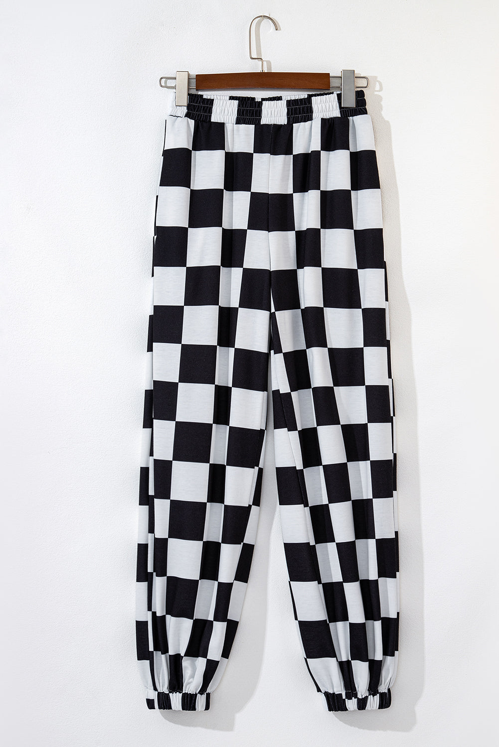 Black Checkerboard Elastic Waist Pocketed Joggers