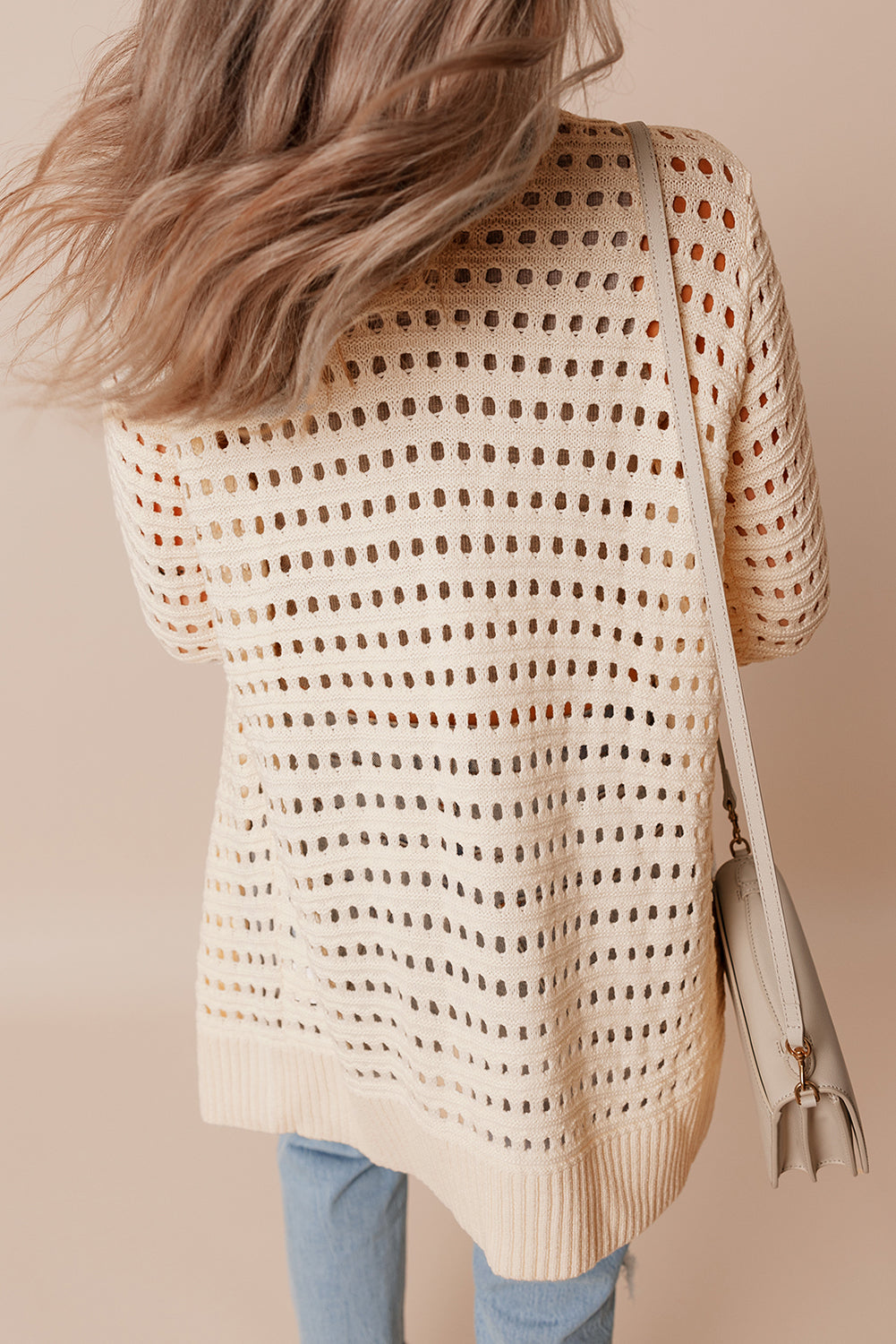 Apricot Solid Color Open Knit Textured Cardigan