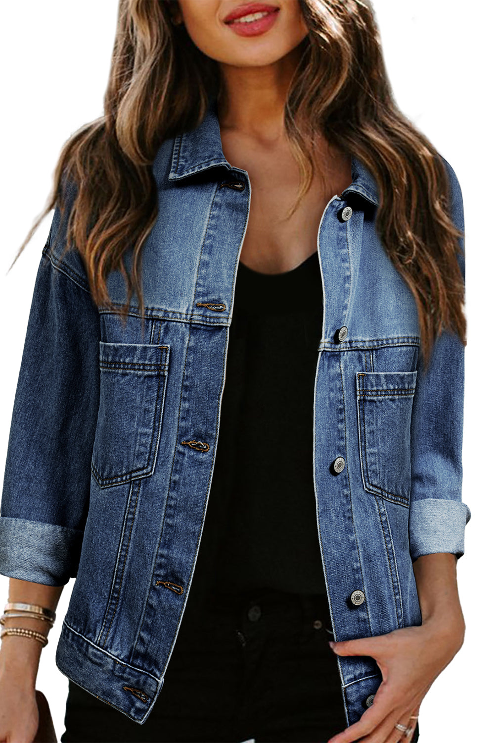 Dark Blue Washed Oversize Pocketed Denim Jacket