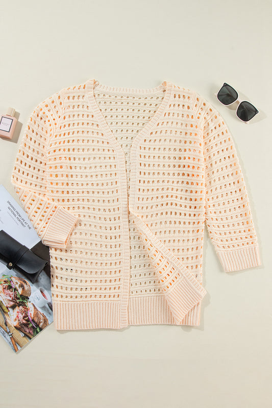 Apricot Solid Color Open Knit Textured Cardigan