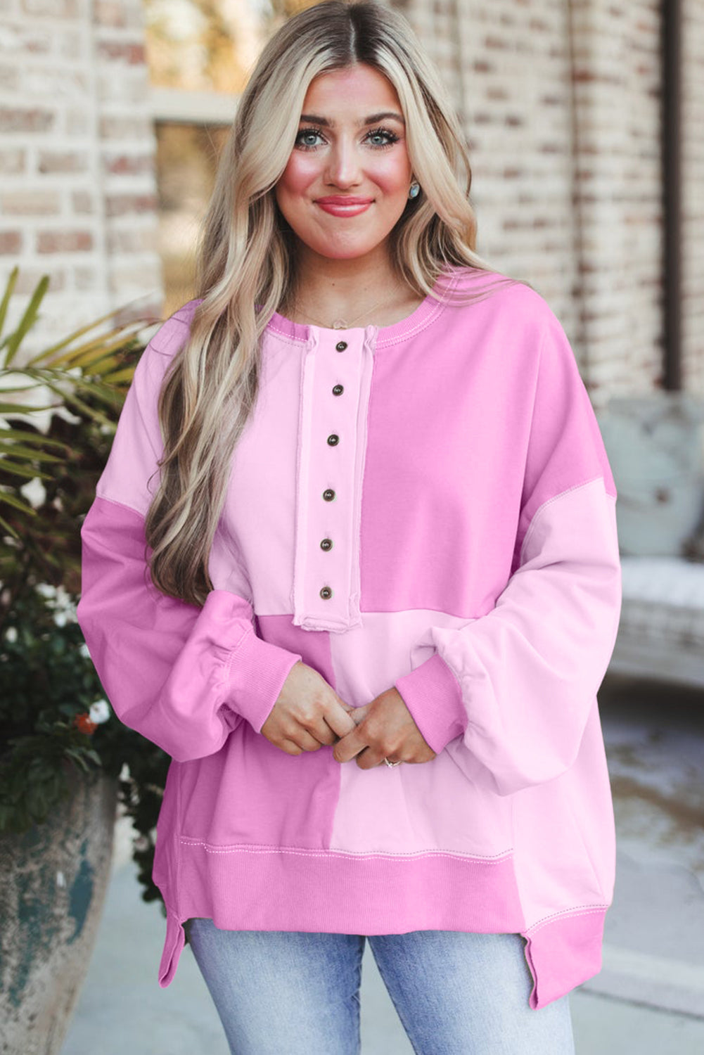 Pink Colorblock Henley High Low Oversize Sweatshirt