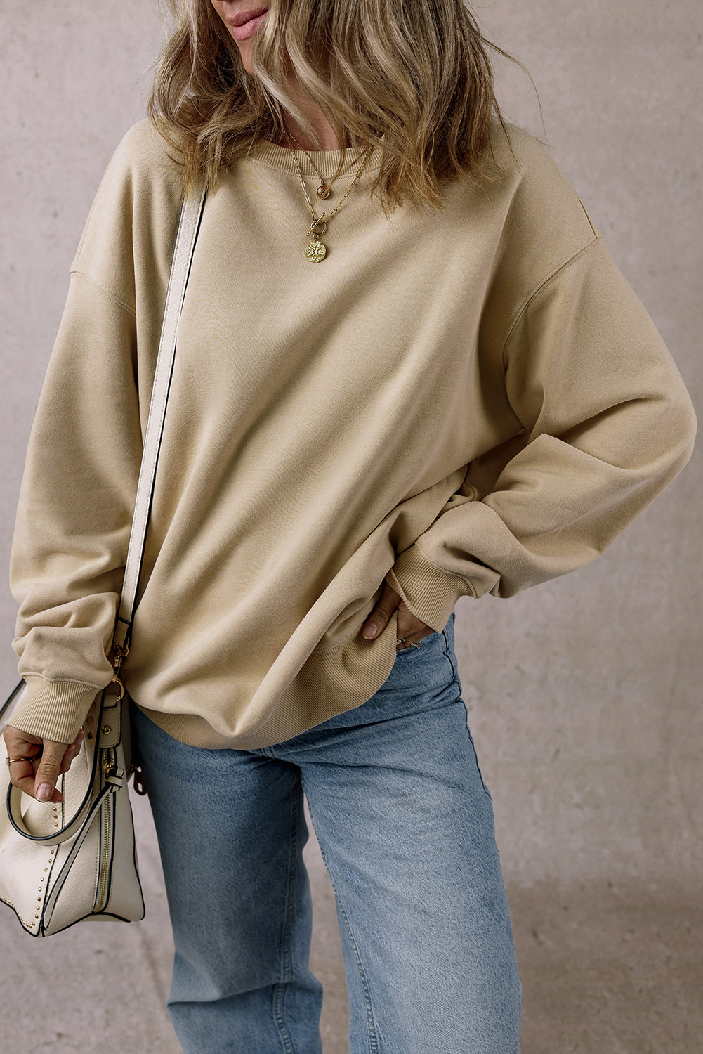 Parchment Solid Fleece Lined Crew Neck Casual Sweatshirt