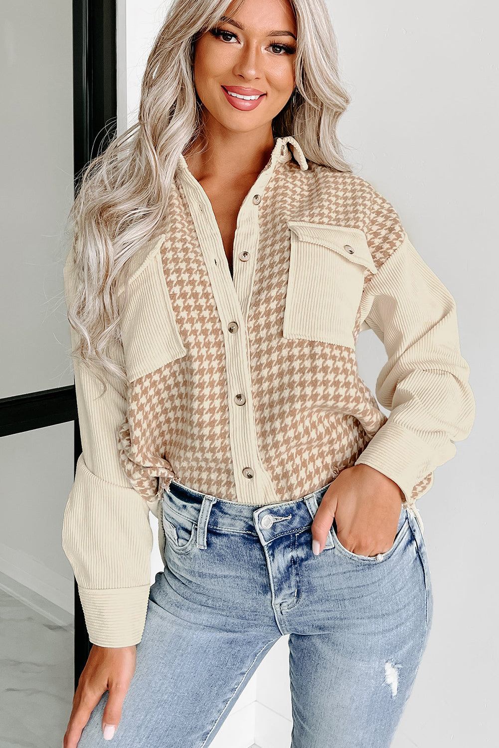 Parchment Houndstooth Corduroy Patchwork Flap Pocket Shacket