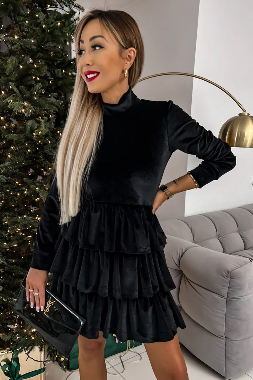 Black Velvet High Neck Tiered Ruffle Mini Dress