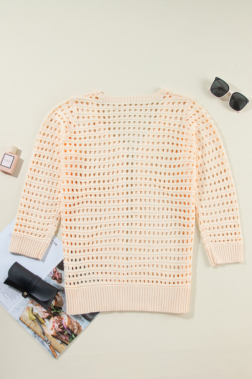 Apricot Solid Color Open Knit Textured Cardigan