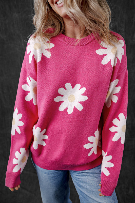 Bright Pink Daisy Flower Crew Neck Long Sleeve Sweater