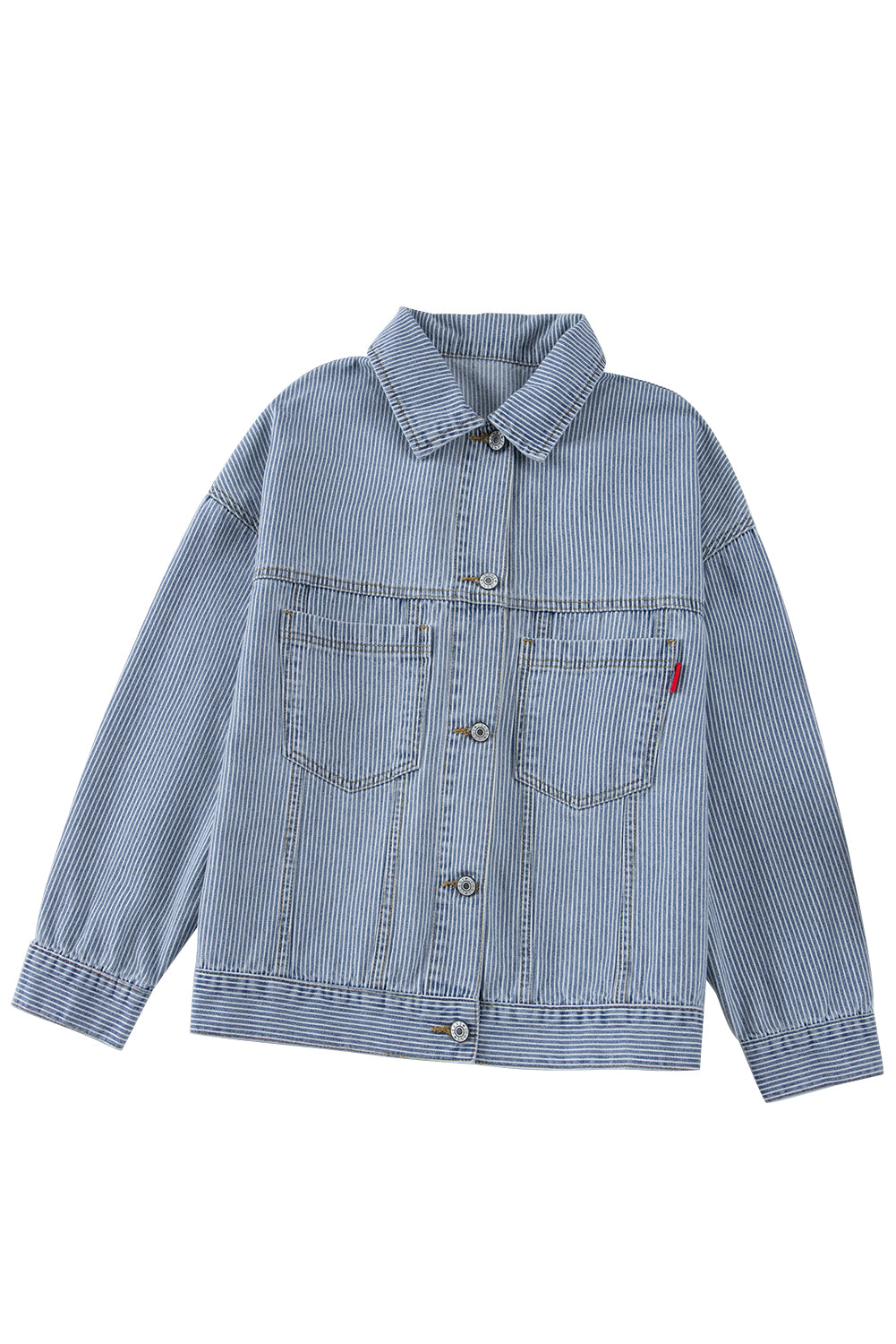 Sky Blue Stripe Washed Oversize Pocketed Denim Jacket