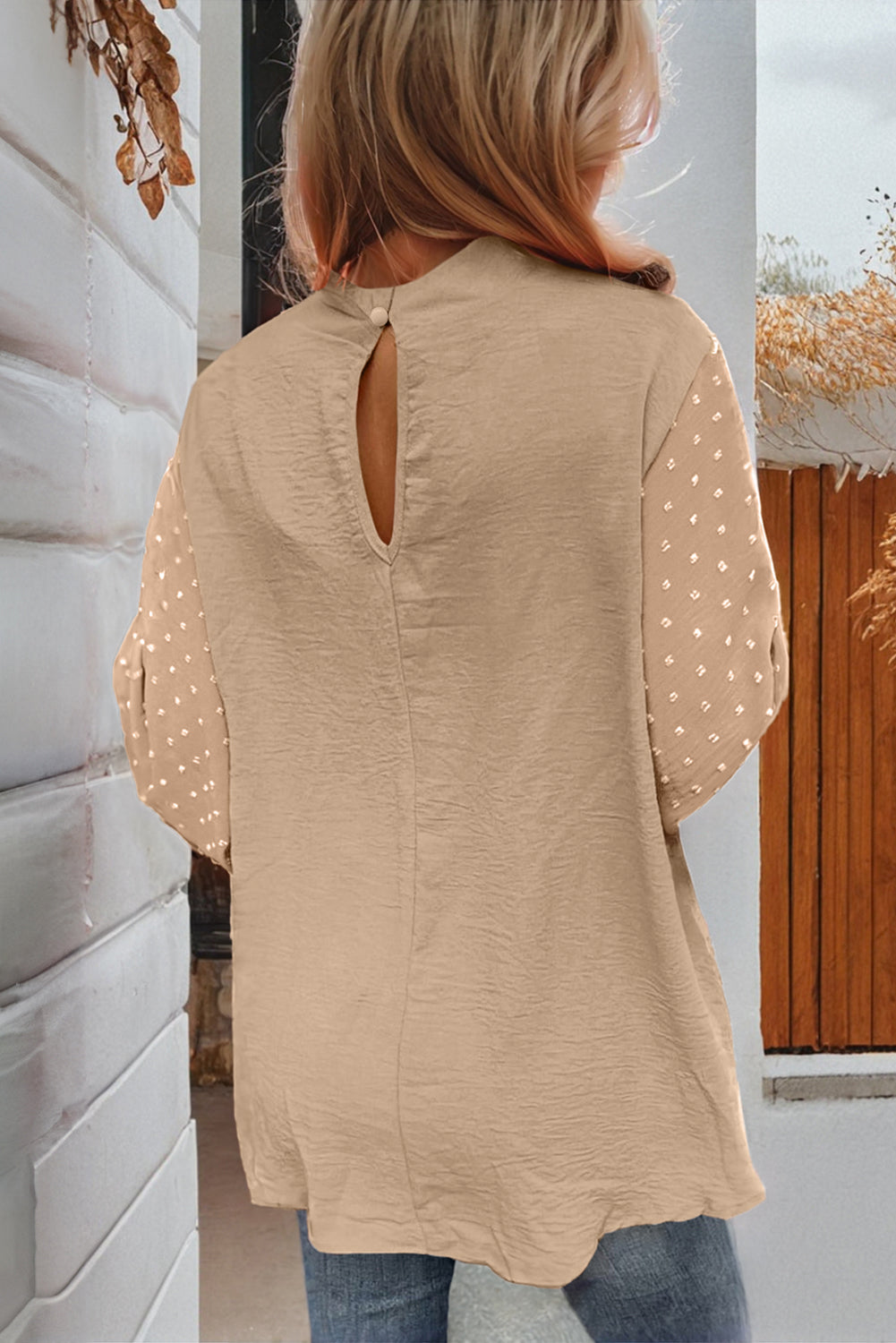 Parchment Swiss Dot Balloon Sleeve Loose Blouse