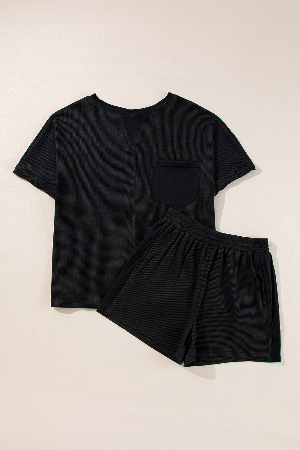 Black Waffle Knit Oversize Tee and Shorts Set